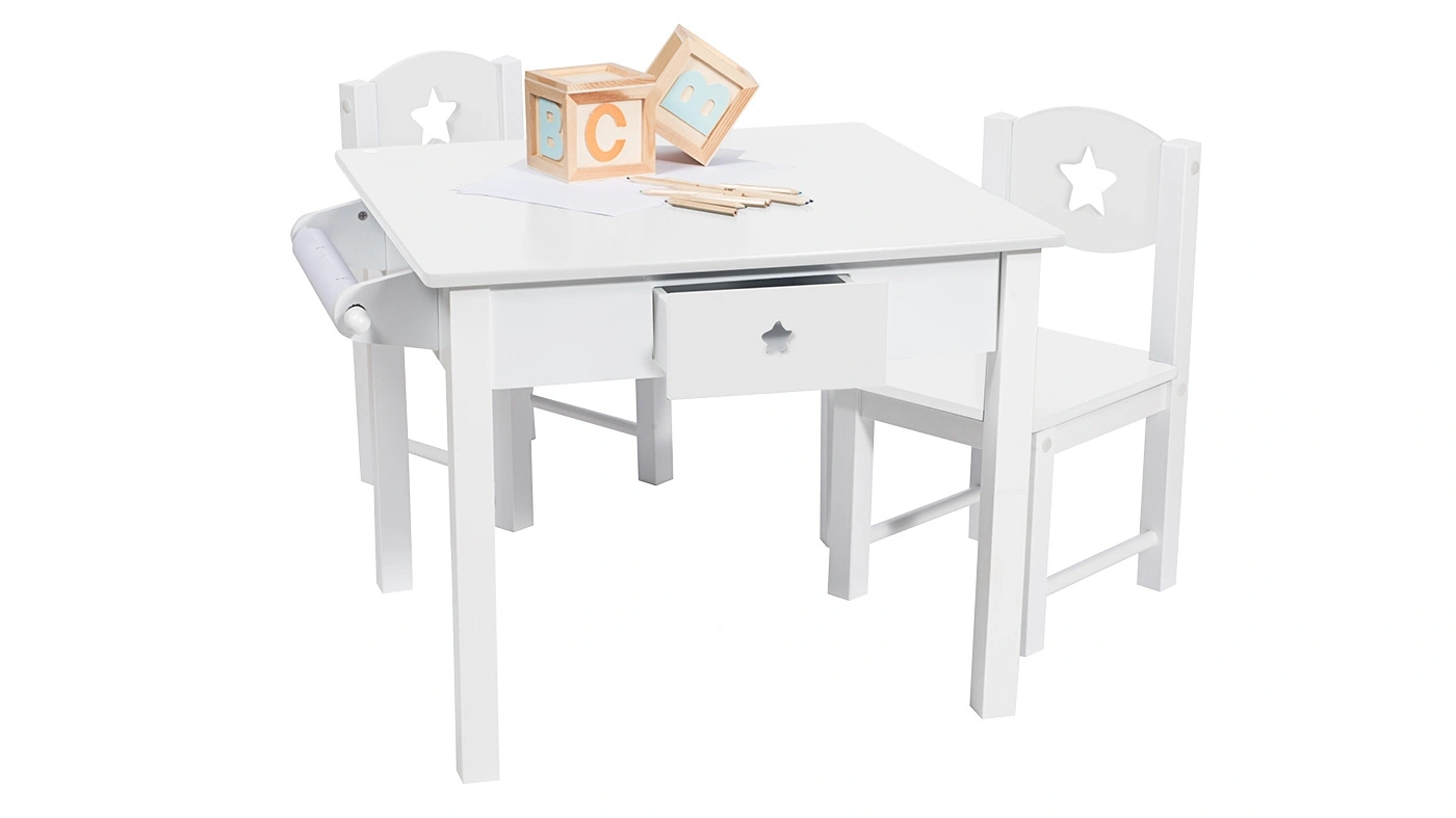 סט שולחן יצירה מרובע עם 2 מגירות 2 כסאות וגליל נייר בצבע לבן