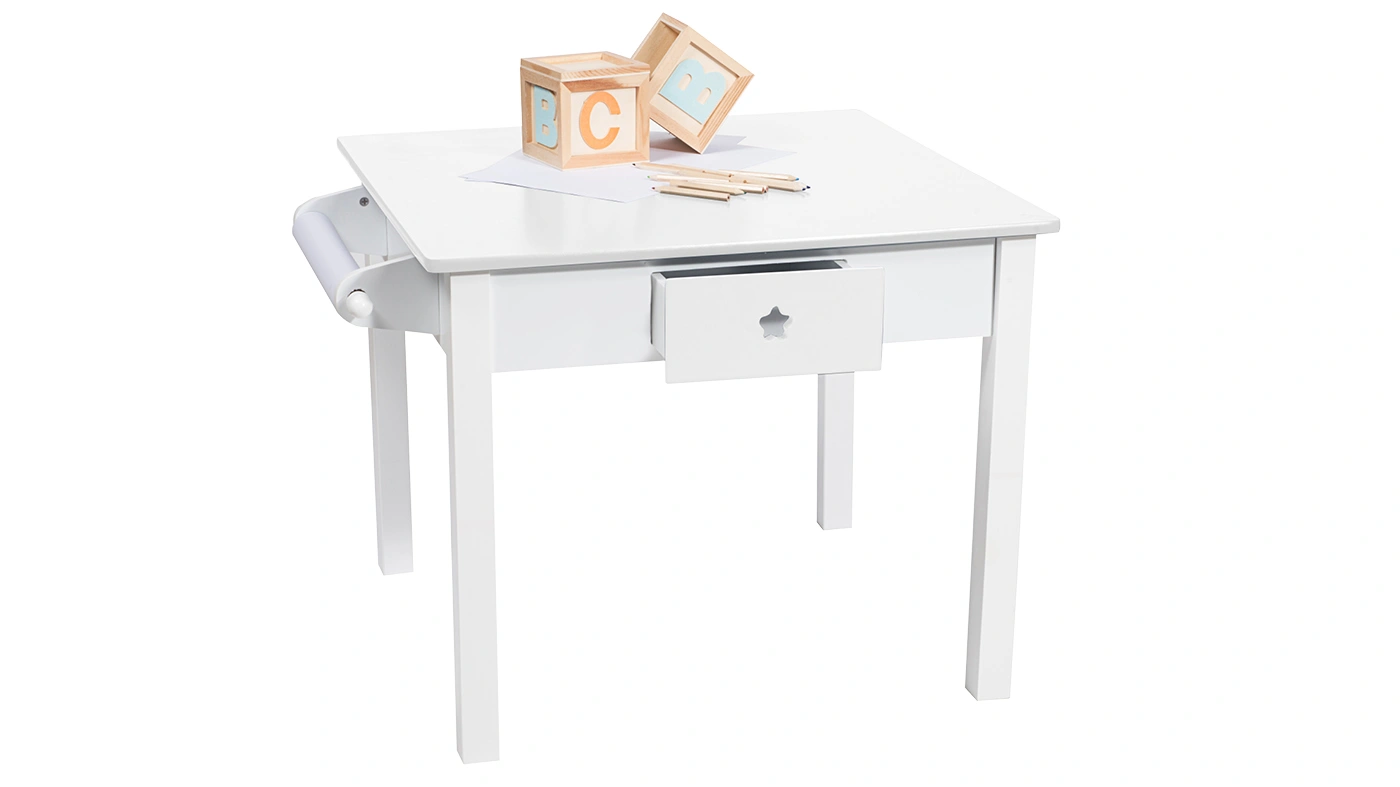 סט שולחן יצירה מרובע עם 2 מגירות 2 כסאות וגליל נייר בצבע לבן