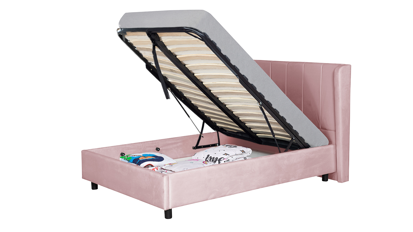 מיטה מרופדת וחצי עלמה צבע ורוד | כולל ארגז מצעים