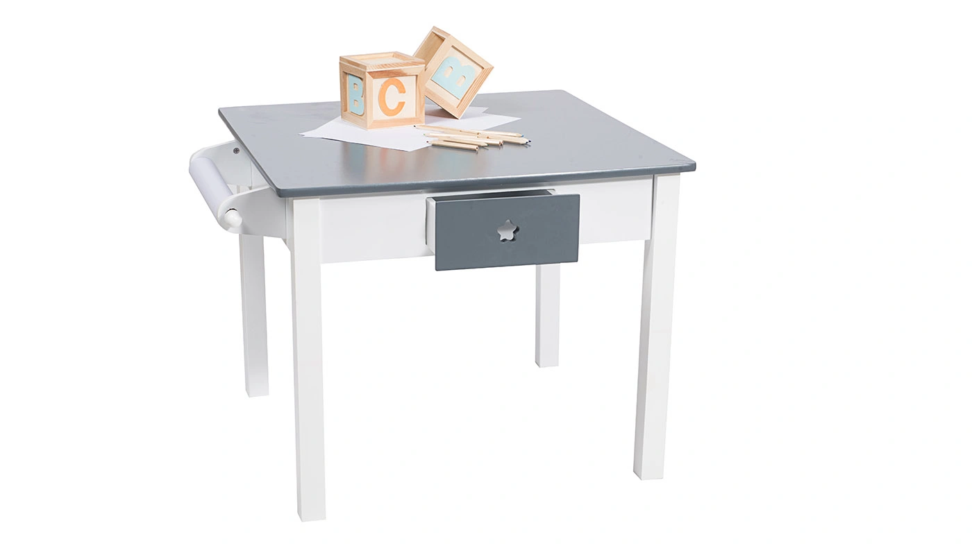 סט שולחן יצירה מרובע עם 2 מגירות 2 כסאות וגליל נייר בצבע אפור