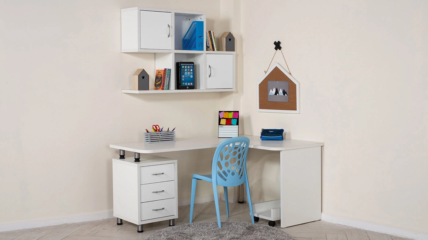 שולחן כתיבה פינתי לילדים ונוער עם מגירות וכוורת "זיו" | צבע לבן (לפינה ימנית)