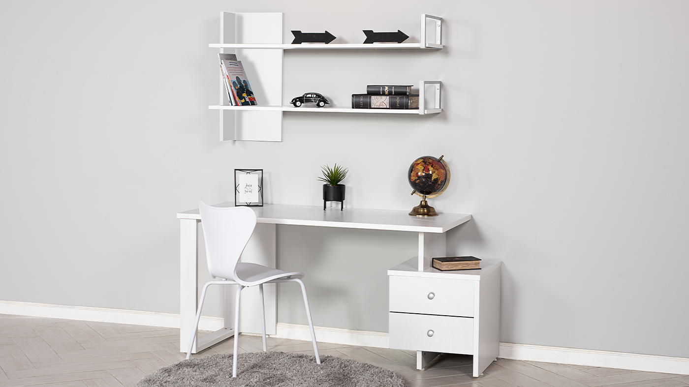 סט שולחן כתיבה ויחידת מדפים דניאל | לבן