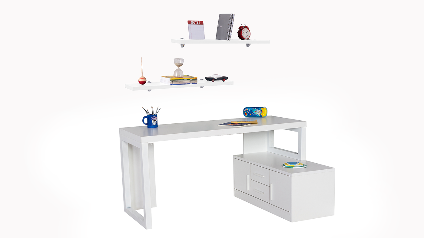 סט שולחן כתיבה ומדפים אור | לבן